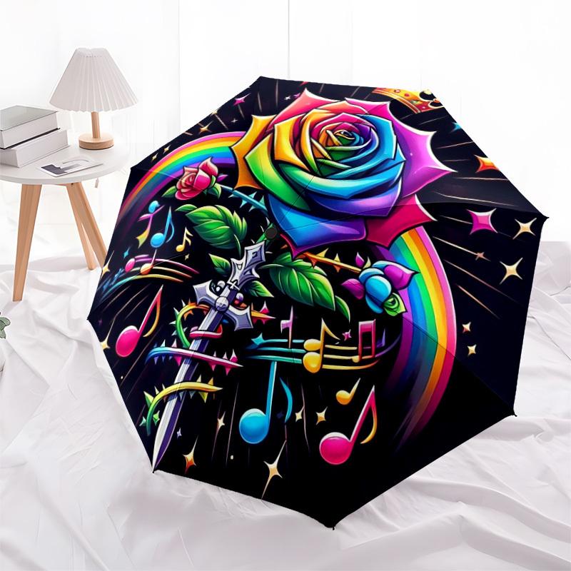 1pc Rainbow Rose with Crown and Music Notes Umbrella with Plastic Handle,Suitable for All Seasons Home Travel Outdoor UmbrellaDD1796