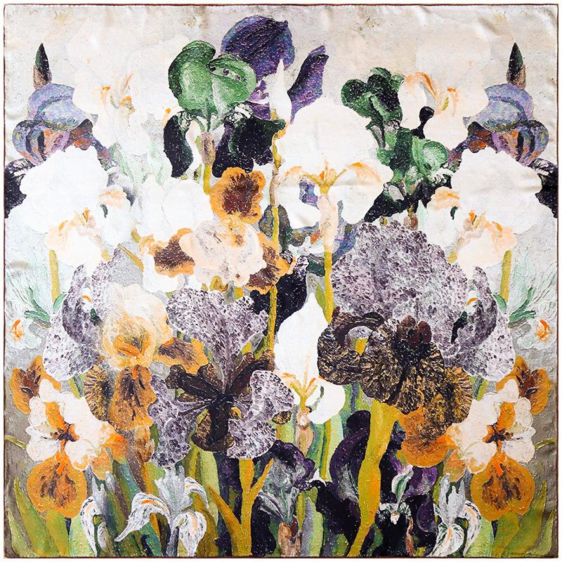 Temperament Oil Painting Iris Versatile Elegant Heavy Silk Satin Mulberry Silk 110 Silk Scarf Square Shawl 110*110CM