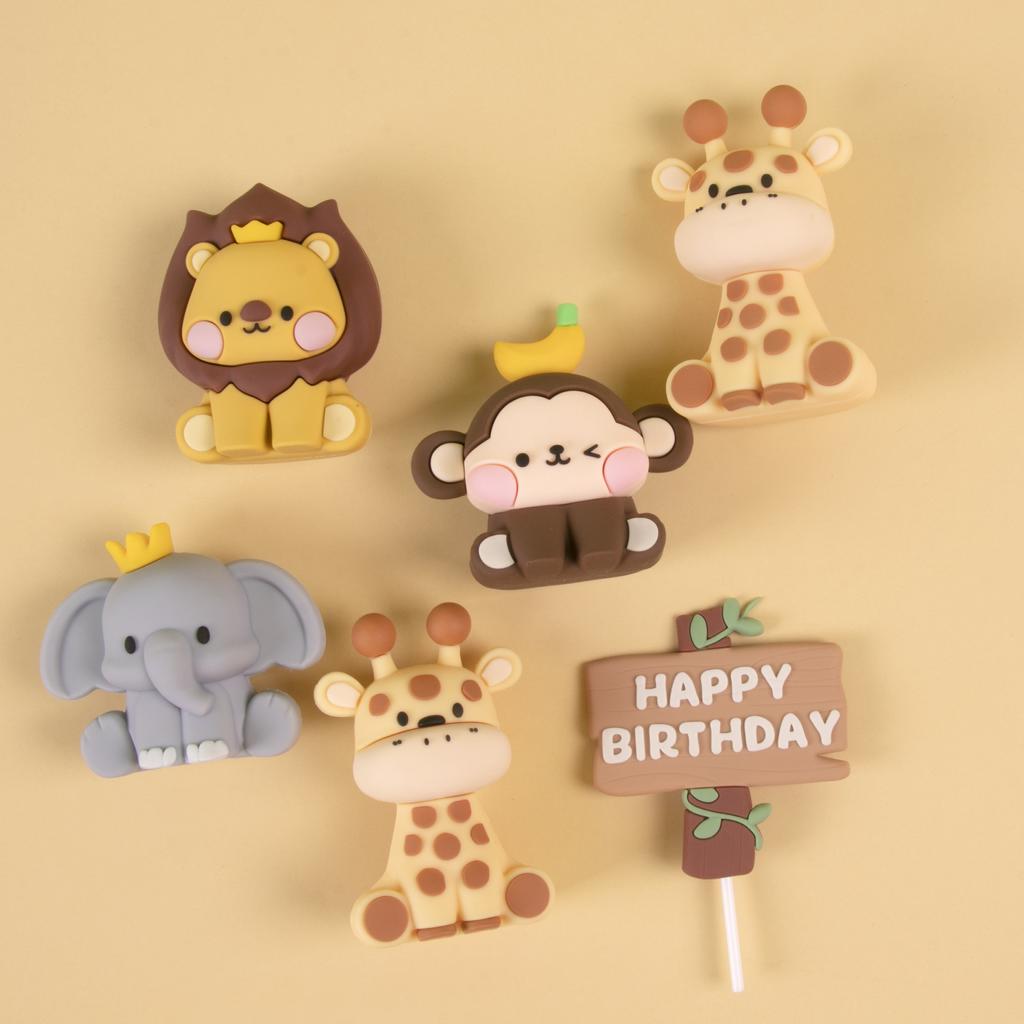 1set Animal Cake Topper Lion Giraffe Fox Koala Palm Leaves Cake Topper For Kids Safari Birthday Cake Decoration Wild One Party