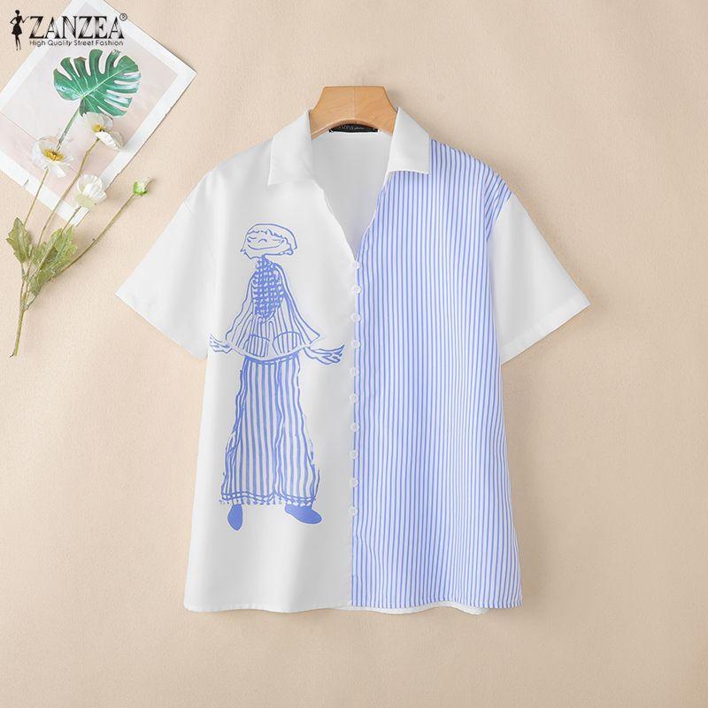 ZANZEA Women Casual Turn Down Collar Short Sleeve Stripe Blouse