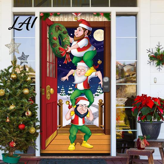 Waterproof Door Cover Christmas Colorful Print Decoration Backdrop Santa Claus Design Front