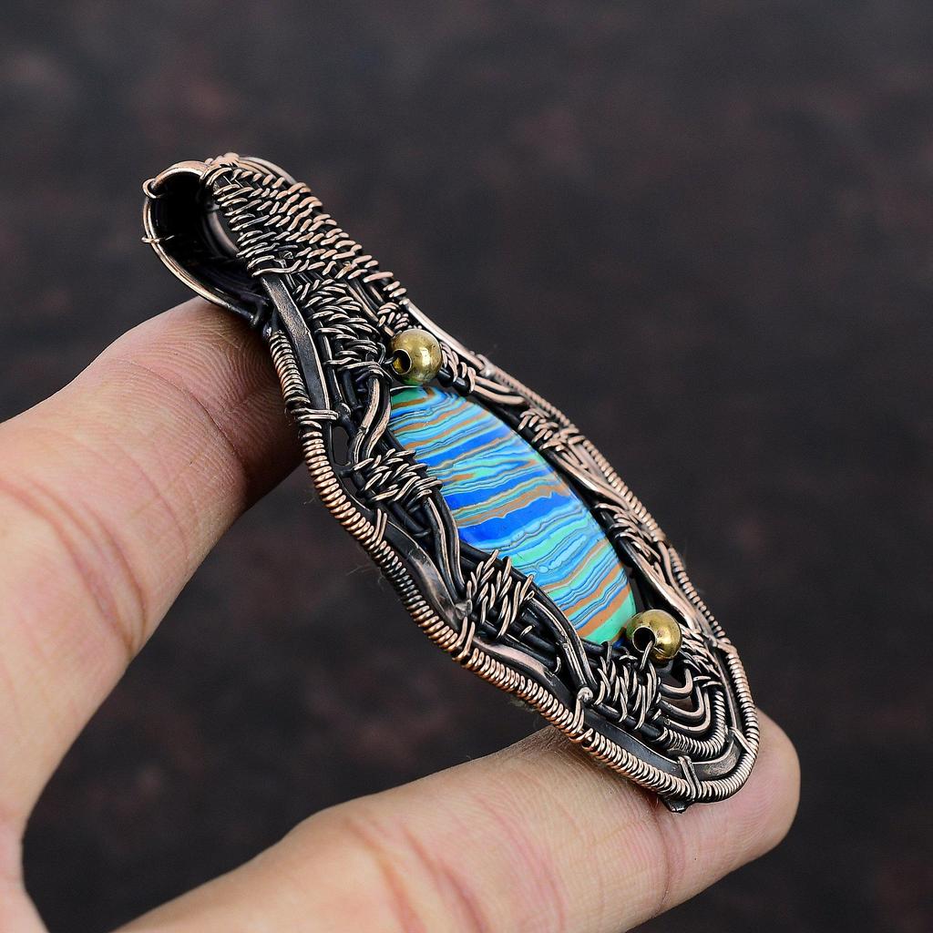 Rainbow Calsilica Gemstone Pendant Copper Wire Wrapped Pendant Rainbow Calsilica Jewelry Handmade Pendant Unique Copper Jewelry Gift For Her