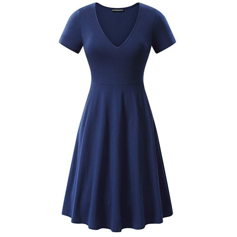 Spring and Summer Large Size Solid Color V-neck Short-sleeved Simple Loose Dress