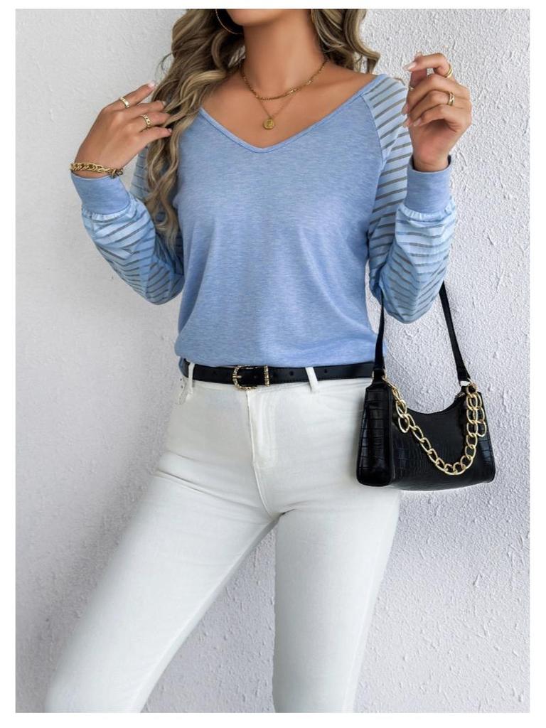 Spring & Autumn Casual Striped V-Neck Long-Sleeve Top for Women - Loose Fit, Large Sizes