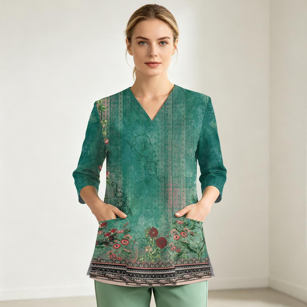 Women's Uniform Top, V-Neck with Single Pocket and Side Slit, 3/4 Sleeve