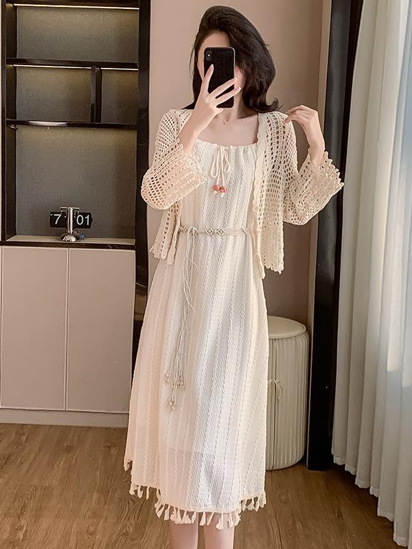 Bohemian Tassel Spaghetti Strap Fitted White Dress with Shawl - Early Spring Collection