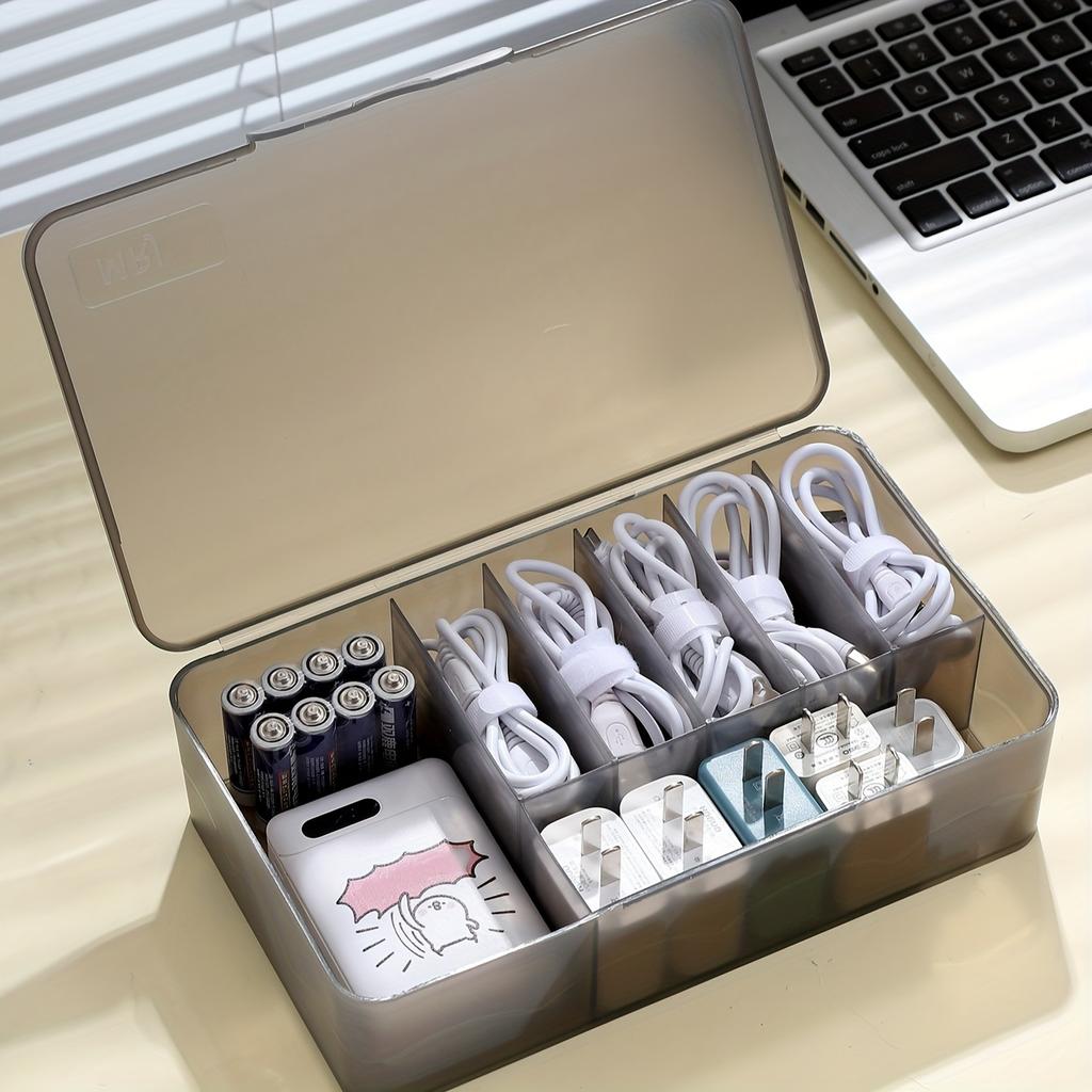 Portable Desktop Organizer Box with Compartments for Cables, Chargers, Batteries,Nail Art,Hair & Cosmetic Storage, Plastic Case.