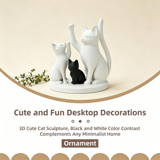 Yousheng Cute Cat Family Figurine, 3D Printed Cat Parents And Kitten Sculpture, Modern Tabletop Cat Ornament, Gift for Cat Lovers