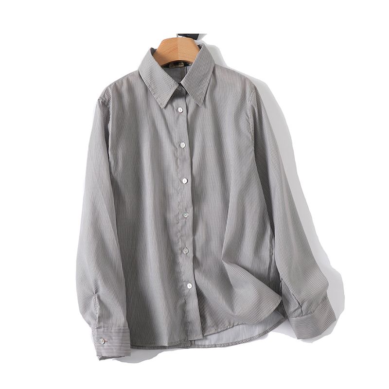 

MD Women clothes New French style Elegant Commuter Style Creamy-white Stripe Short Version Long sleeve Shirts Female 05131831710 Off-white Stripes S