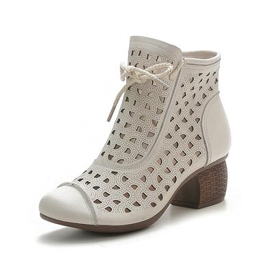 GKTINOO 2025 Botines de Verano Zapatos de Cuero Genuino Mujer Tacones Medios Sandalias Botas con Cremallera Lateral Recortadas Transpirables Mujer Zapatos