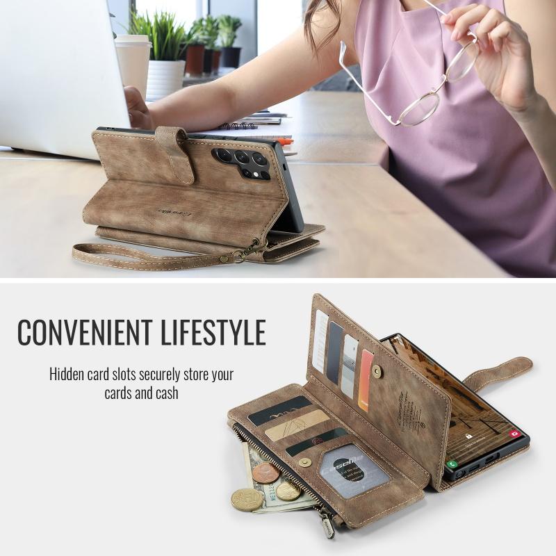Leather Wallet Card Phone Case For Samsung Galaxy S26 Plus S25 Ultra S24 FE S23 S22 S21 S20 Zipper Purse Flip Stand Cover Coque