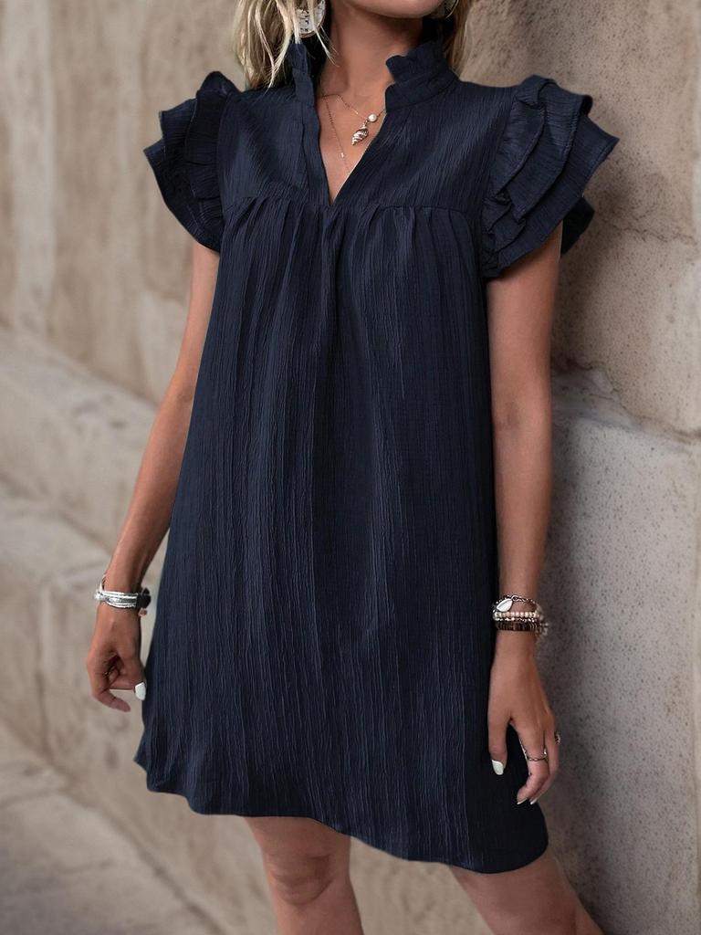 Summer Style Loose Straight Dress - Casual Vacation Stand Collar Solid Color European and American Fashion