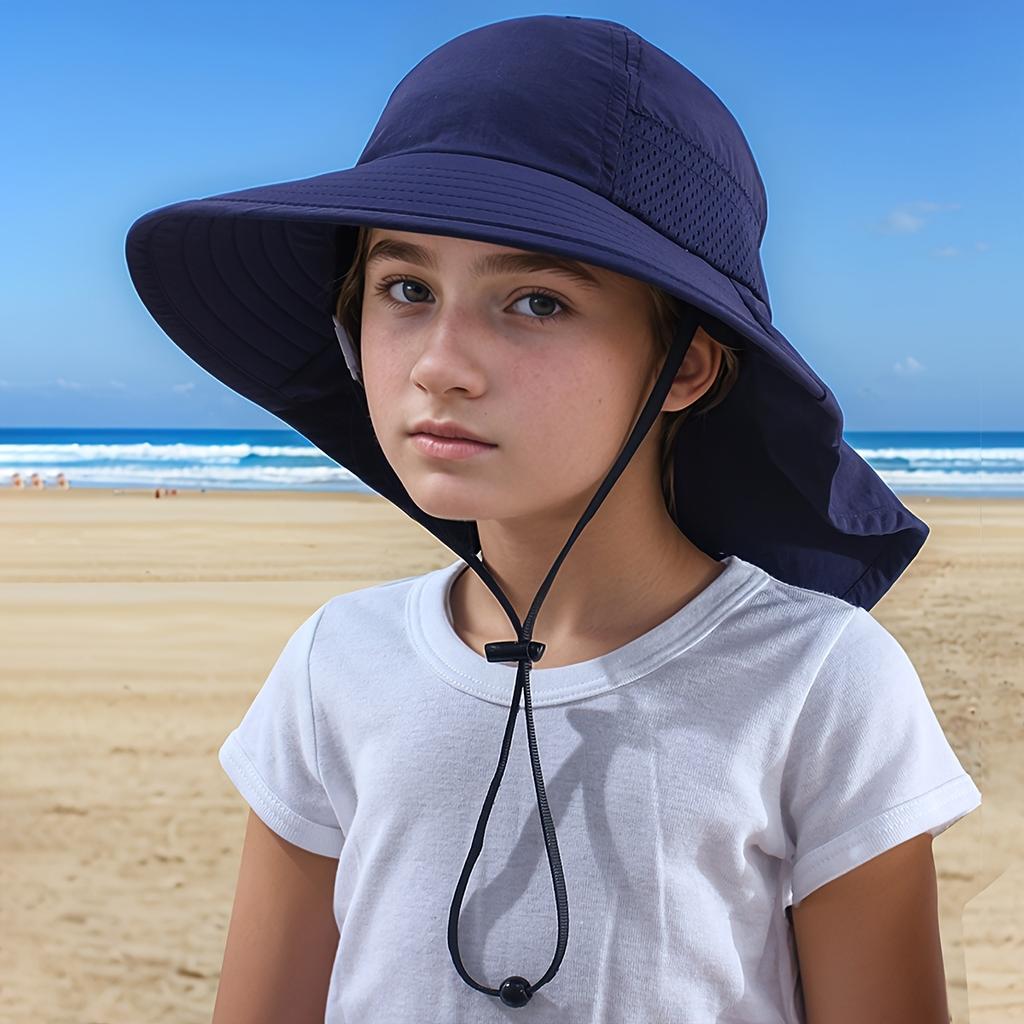Children's Outdoor Wide-Brim Neck-Protection Hat, Breathable Mesh Sun Hat with Windproof Cord, Beach Play Hat