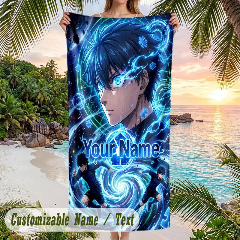 Blue Lock Beach Towel, Personalized Custom Name Text, Quick Dry Large Absorbent Towel For Beach Pool
