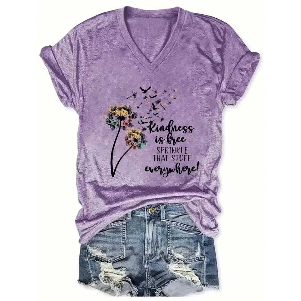 Summer Outdoor Women's T-Shirt Casual V-Neck Short Sleeve Tops Floral Butterfly Print Street Fashion Female Oversize Clothing