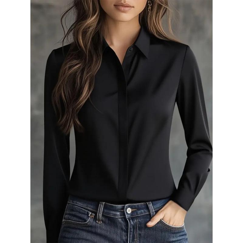 New Autumn Solid Color Long-sleeved Versatile Shirt Lapel Satin Shirt