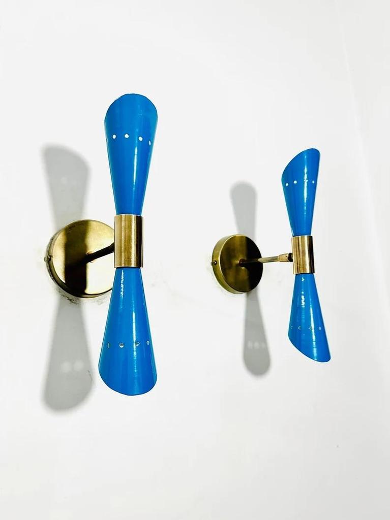 1950s Mid Century Blue Diabolo Brass Wall Sconces - Italian Style Pair