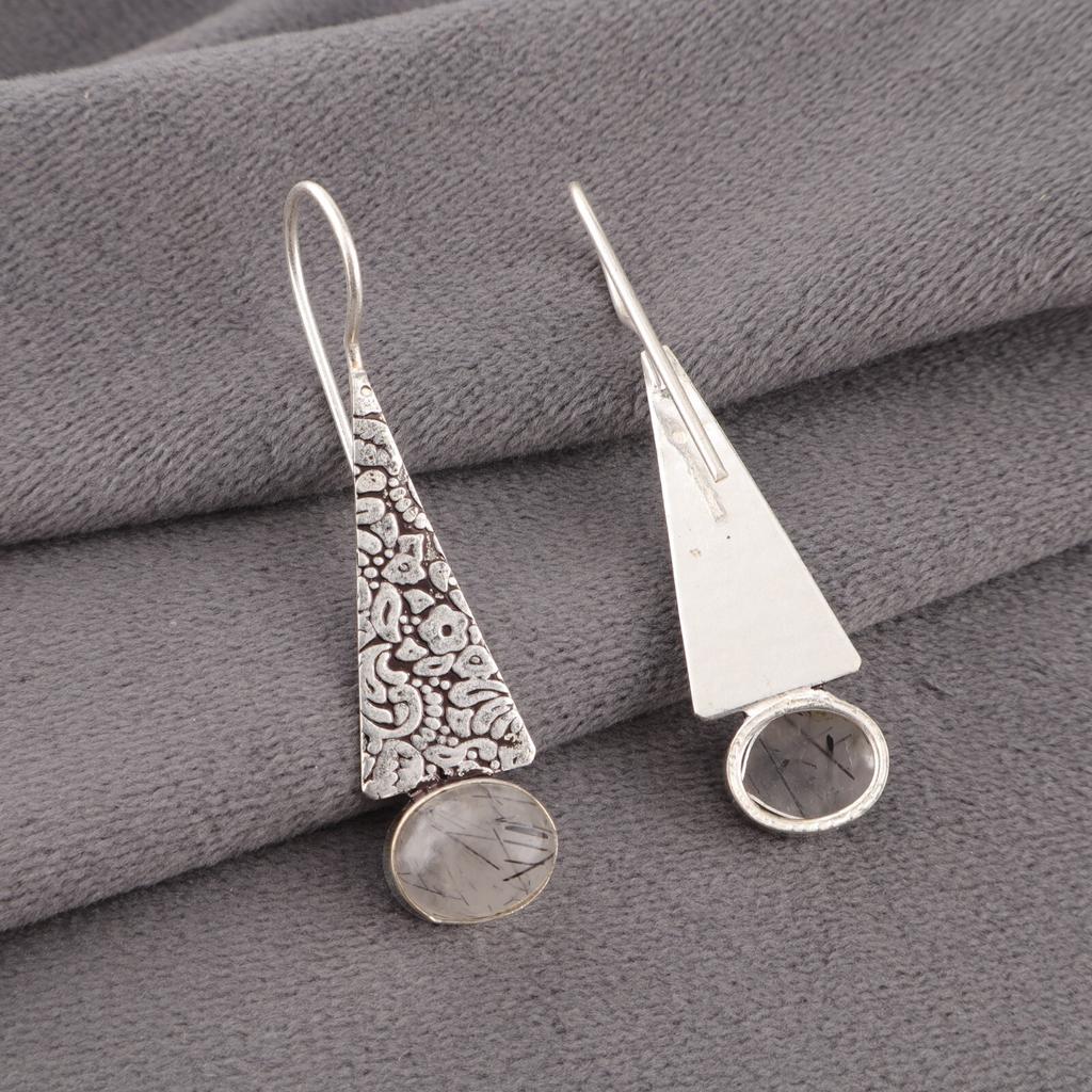 Natural Black Rutile 925 Sterling Silver Jewelry Handmade Earrings 1.9" For Gift EE-165-28