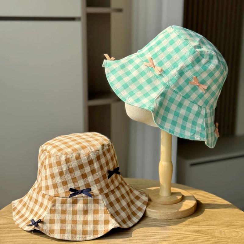 Women's Spring Summer Simple Plaid Bucket Hat Korean Version Fashionable Versatile Sunshade Sunscreen Sweet Bow Basin Hat