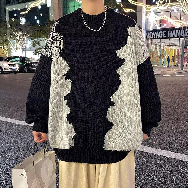 Men's Oversized Crew Neck Knit Sweater Black White Irregular Pattern Loose Fit Casual Streetwear Pullover