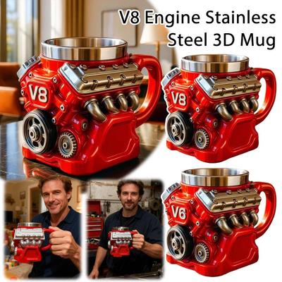 Retro Engine Coffee Mug,V6/V8 Engines Stainless Steel Cup,Personalized Double Wall Insulation Car Mug with Handle for Gift