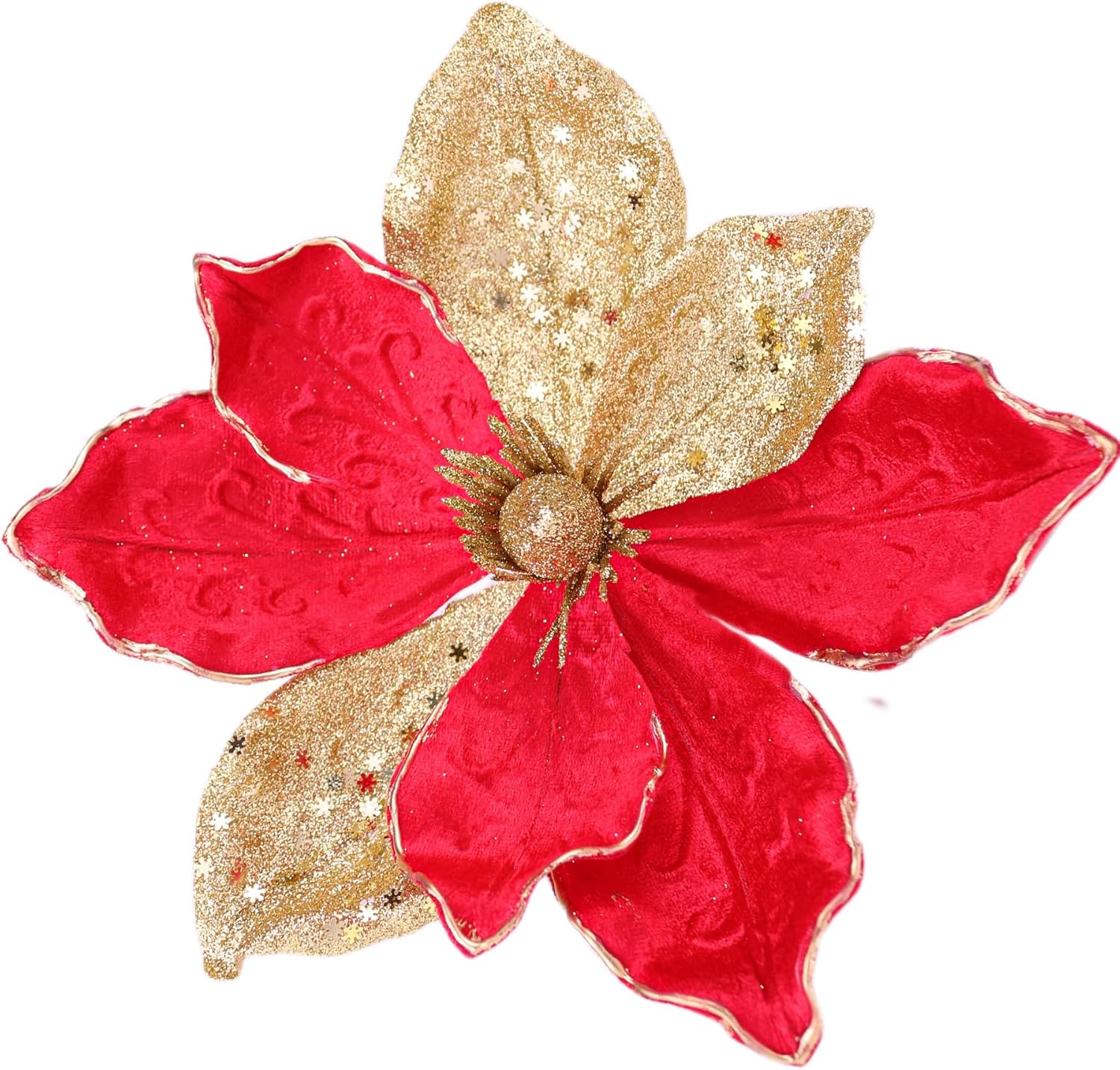 10  Большие Рождественские Пуансеттии, 6 шт. Блестящие Украшения на Елку, Зеленые+Золотые Цветочные Орнаменты 0.6M