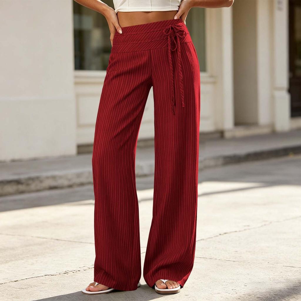 Women Wide Leg Pants High Waist Casual Trousers with Tie Waist Loose Fit Comfortable Lounge Wear Striped Pattern Elastic Waistband