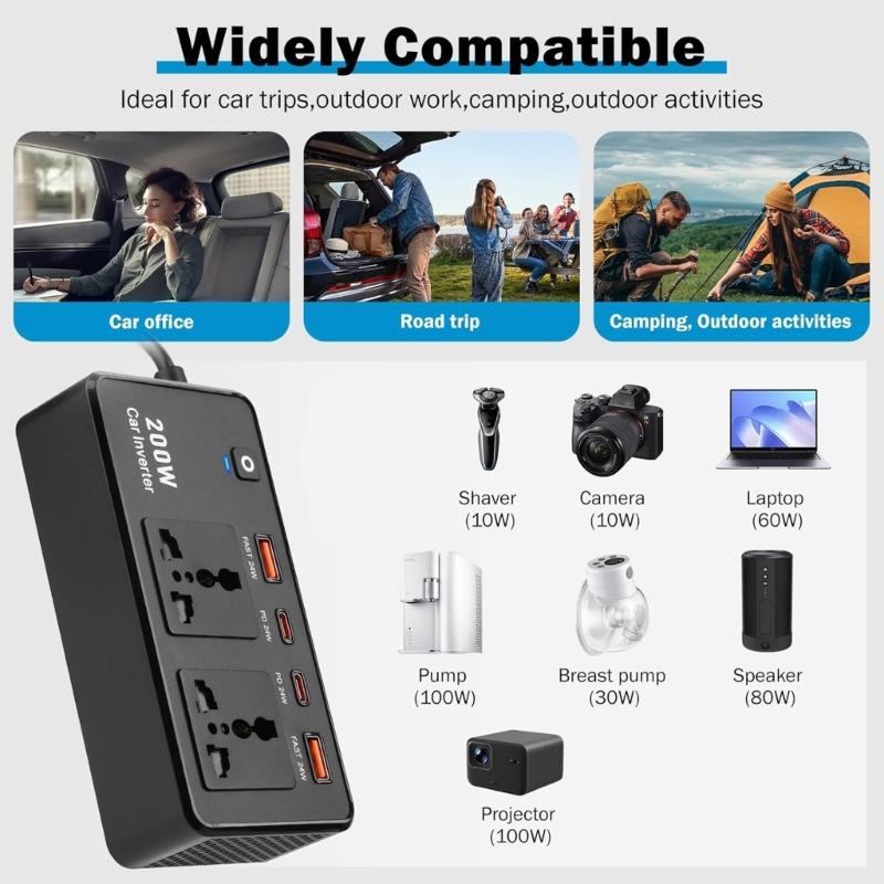 200W Car Power Inverter DC12V To AC220V with USB Ports for Tablets Laptops and Mobile Devices Long Drives Business Trips