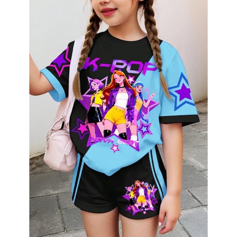 Kpop Cartoon Graphic Girls T-Shirt and Pants Set Girls' Summer Clothing Cute Short Sleeve Set Children's T-Shirt and Shorts Set