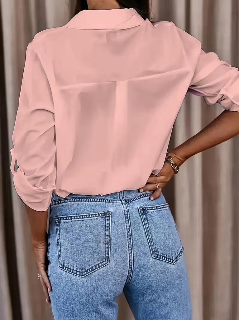 Ladies Casual Button Up Office Shirt Solid Color Long Sleeve Blouse with Collar Business Work Top for Daily Wear