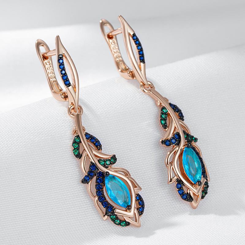 Blue Natural Zircon Flower Long Drop Earrings For Women  Rose Gold And Black Plating Vintage Party Daily Jewelry
