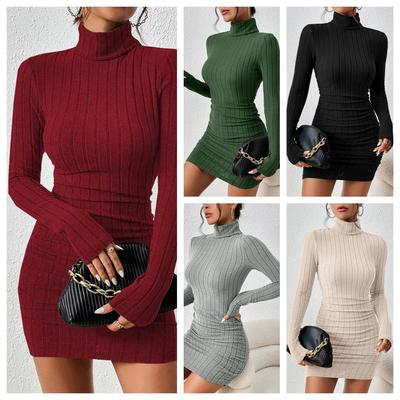 Neue Feste Kleider Herbst Winter Frauen Lange Ärmel Rollkragen Sexy Bodycon Mantel Mini Kleid Club Elegante Party Gestrickte Kleider
