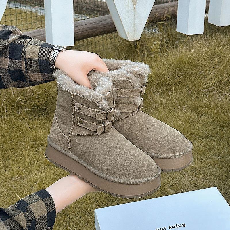 

Frosted cowhide fashion snow boots winter new leather real wool thickened warm women s boots thick-soled large cotton boots 40