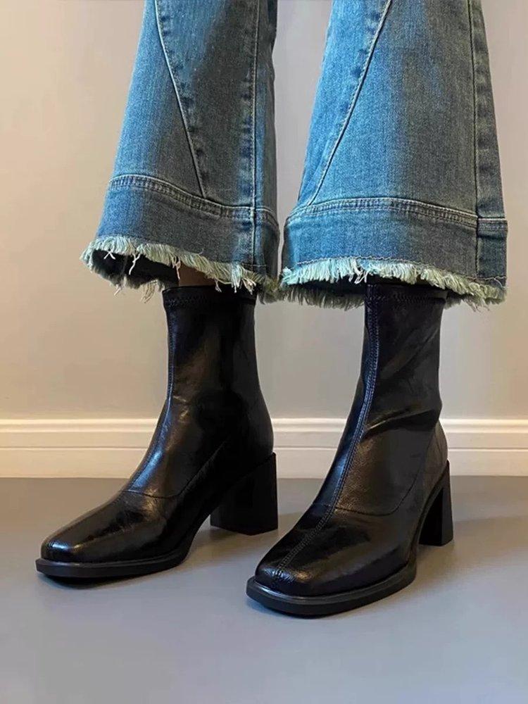 Soft leather version~ short boots commuter high-heeled elastic thin boots 2025 autumn and winter soft-soled public sector retro thick-heeled boots