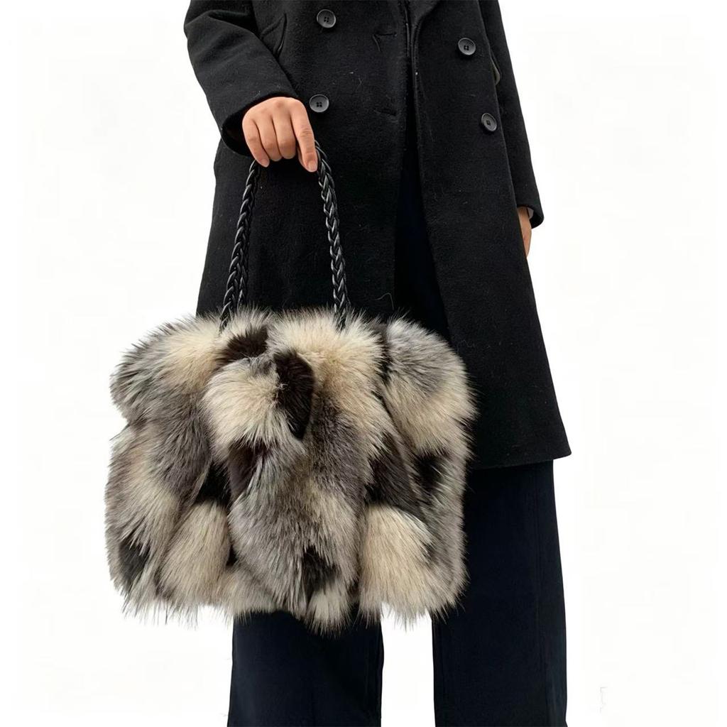 Europäischer Und Amerikanischer Stil Imitation Pelz Plüsch Handtasche Damen Herbst Und Winter Mode Fuchs Fell Tragetasche Kontrastfarbe Pelz Tasche