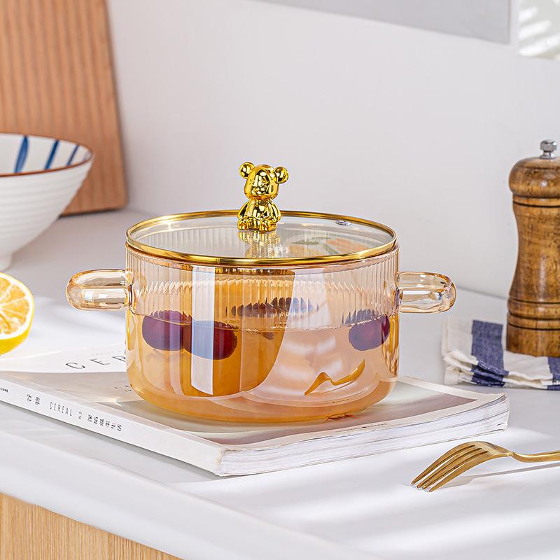 1.6L High Borosilicate Glass Pot, Clear Vertical Striped Cooking Pot, Double Handle Stovetop Pot for Soup Noodle Stew, Microwave & Cooker Safe