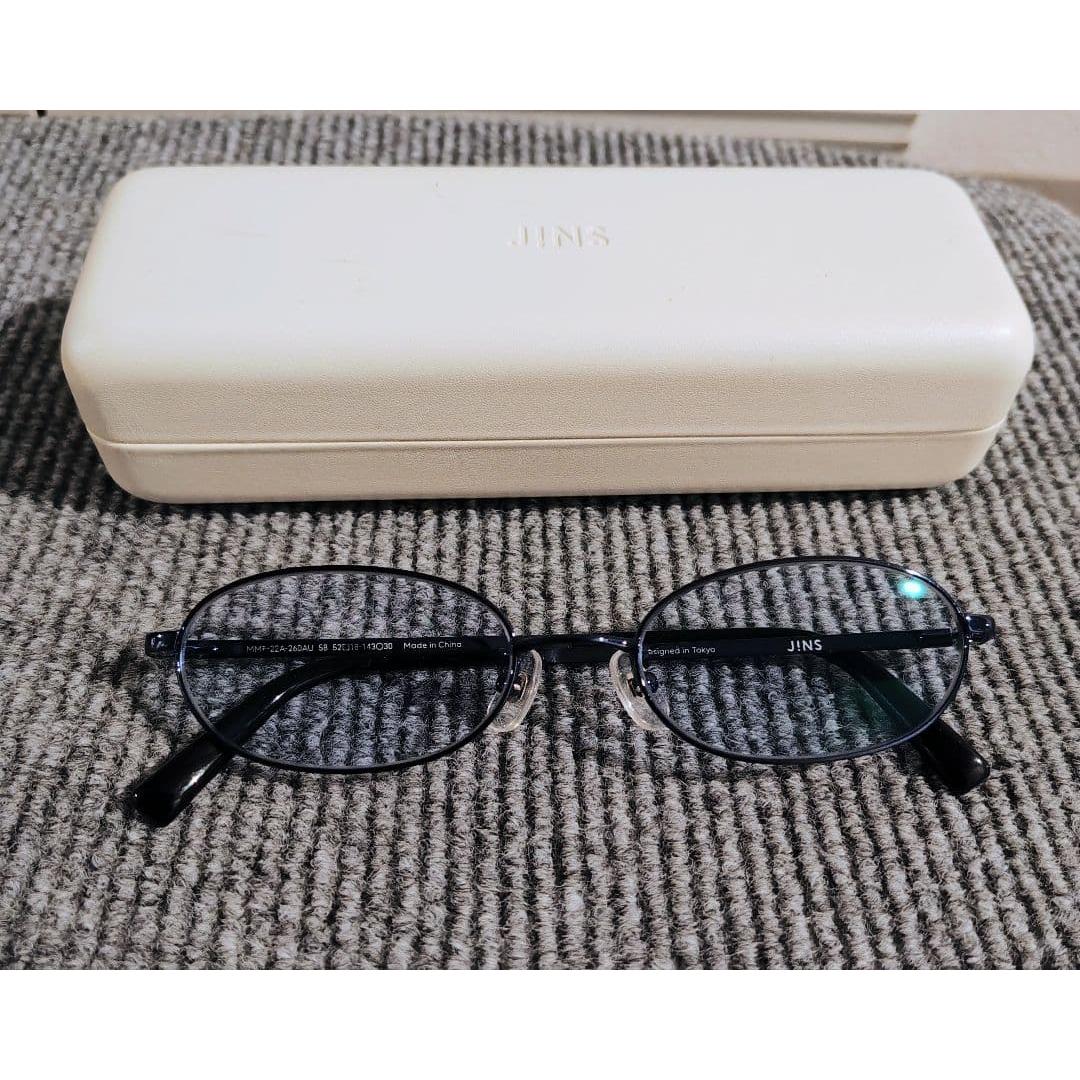 Used JINS Oval Glasses Blue Color Lens New/With Case