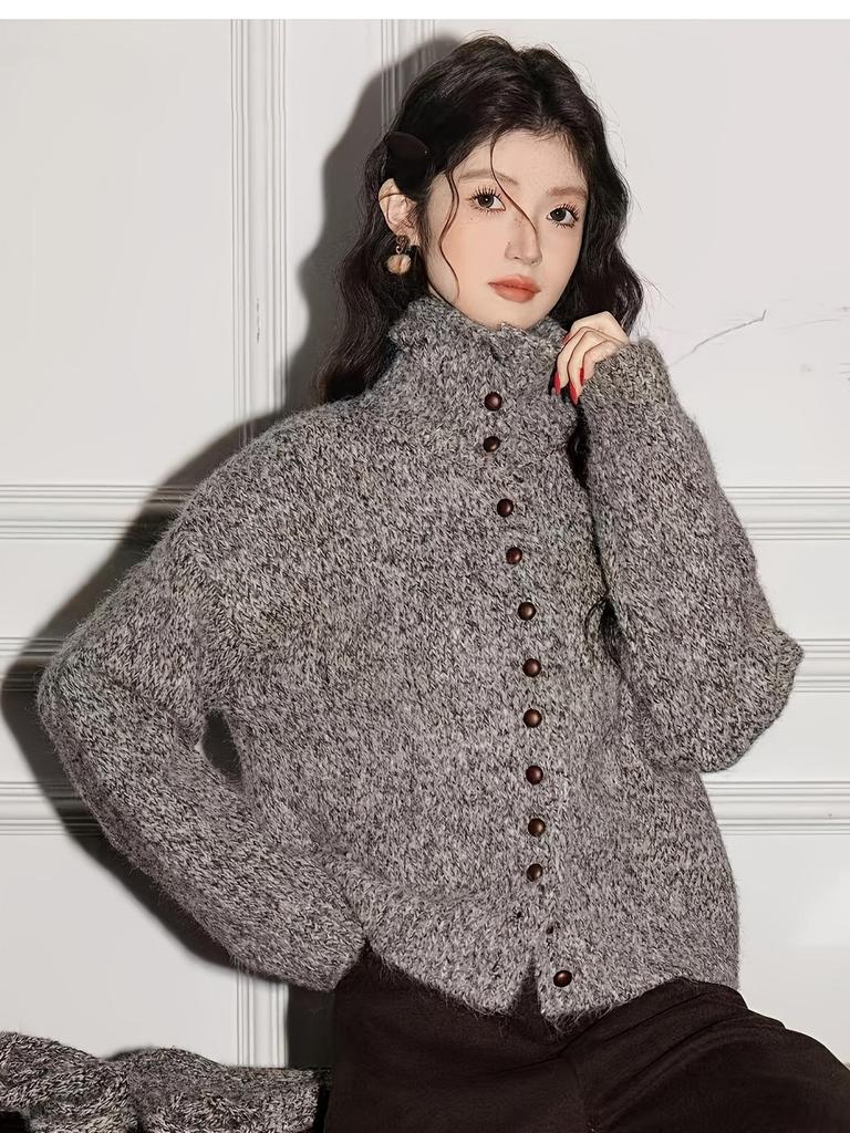 Korean Style Mixed Color High-Neck Knit Cardigan – Women's Retro Loose-Fit Sweater