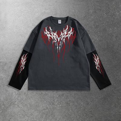 Casual, Printed, Loose-fit Long-sleeve T-shirt with Patchwork Sleeves—perfect for Everyday Casual Wear and Shopping. Available for Men and Women.