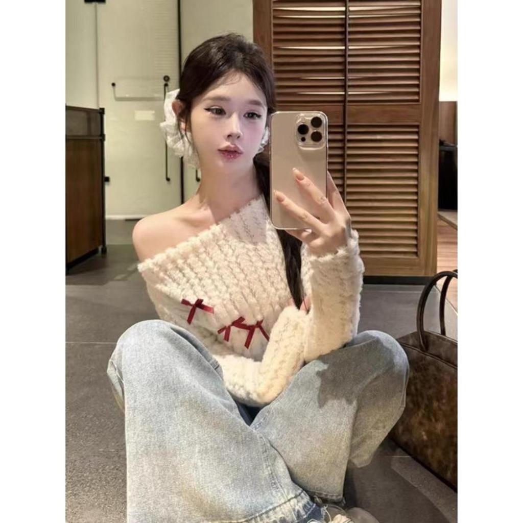 Women's Off-Shoulder White Slim-Fit Pullover Sweater with Bow Detail