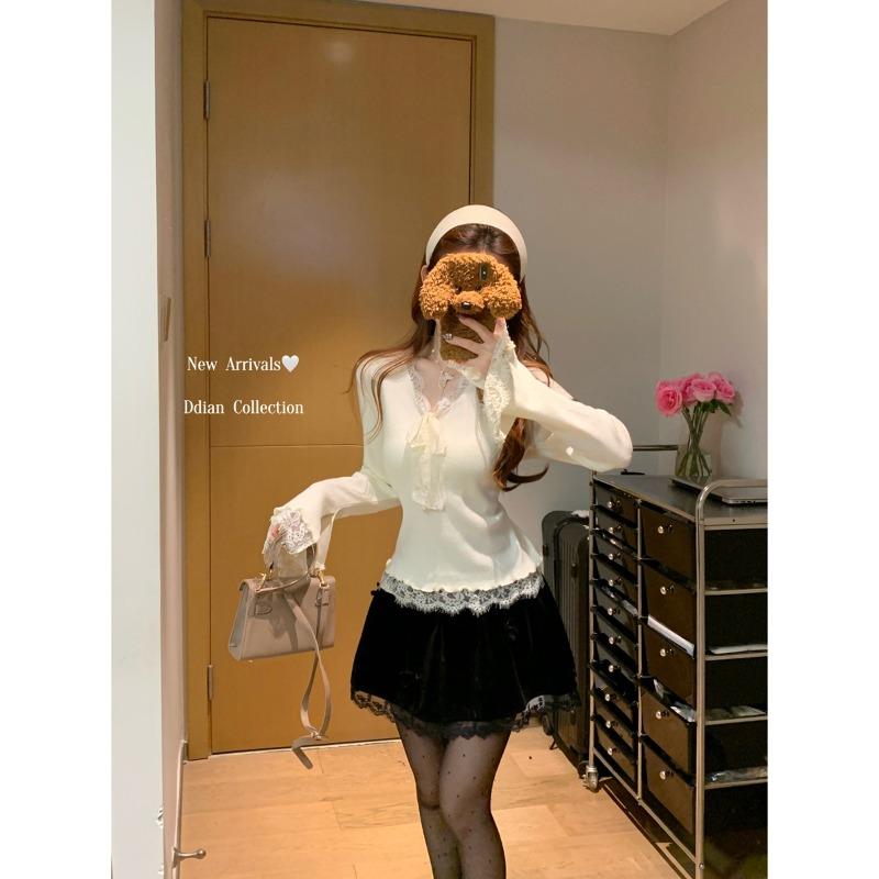 V-neck gentle lace knitted sweater spring pure desire slim-fit backing sweater bow inside top