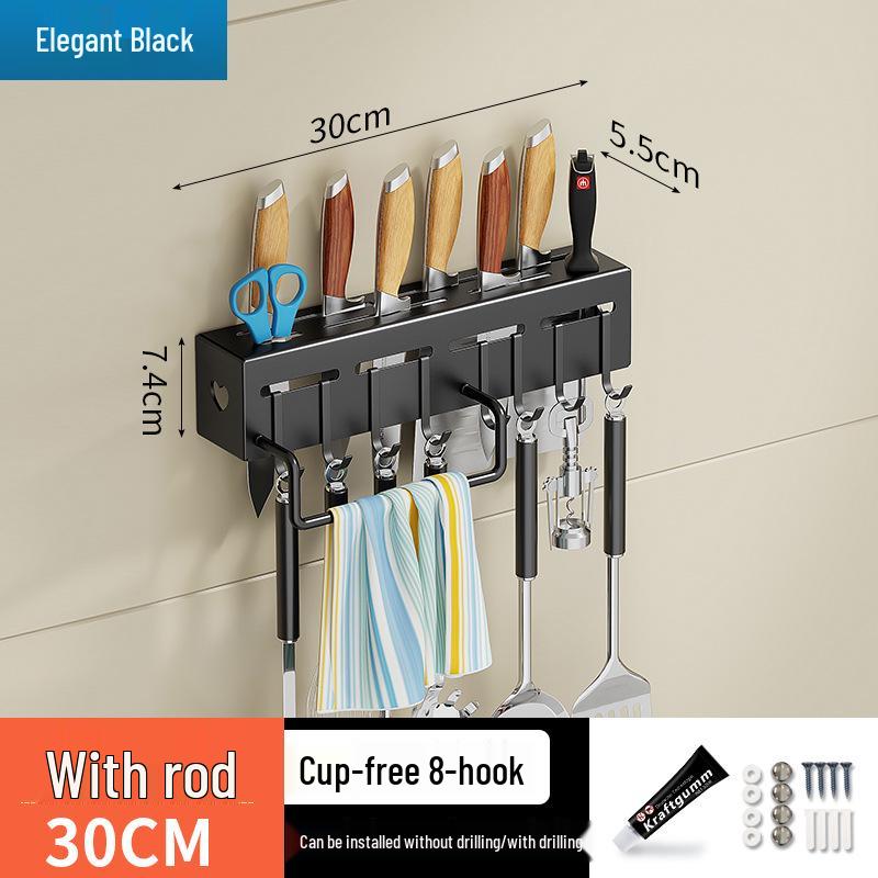 Wall-Mounted Carbon Steel Multifunctional Knife and Cutlery Storage Rack, Punch-Free Installation