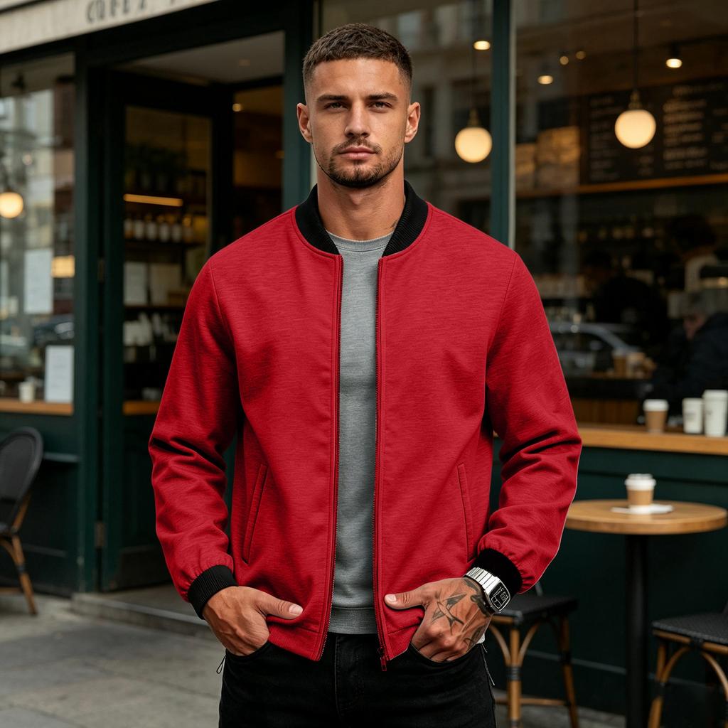 Men's Color Zip Up Baseball Jacket with Stand Collar