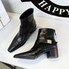 Fashion Retro Chunky Pointed Toe Ankle Boots Women Metal Belt Buckle Decoration Middle Heel Knight Boots 2025 Winter Warm Women's Shoes