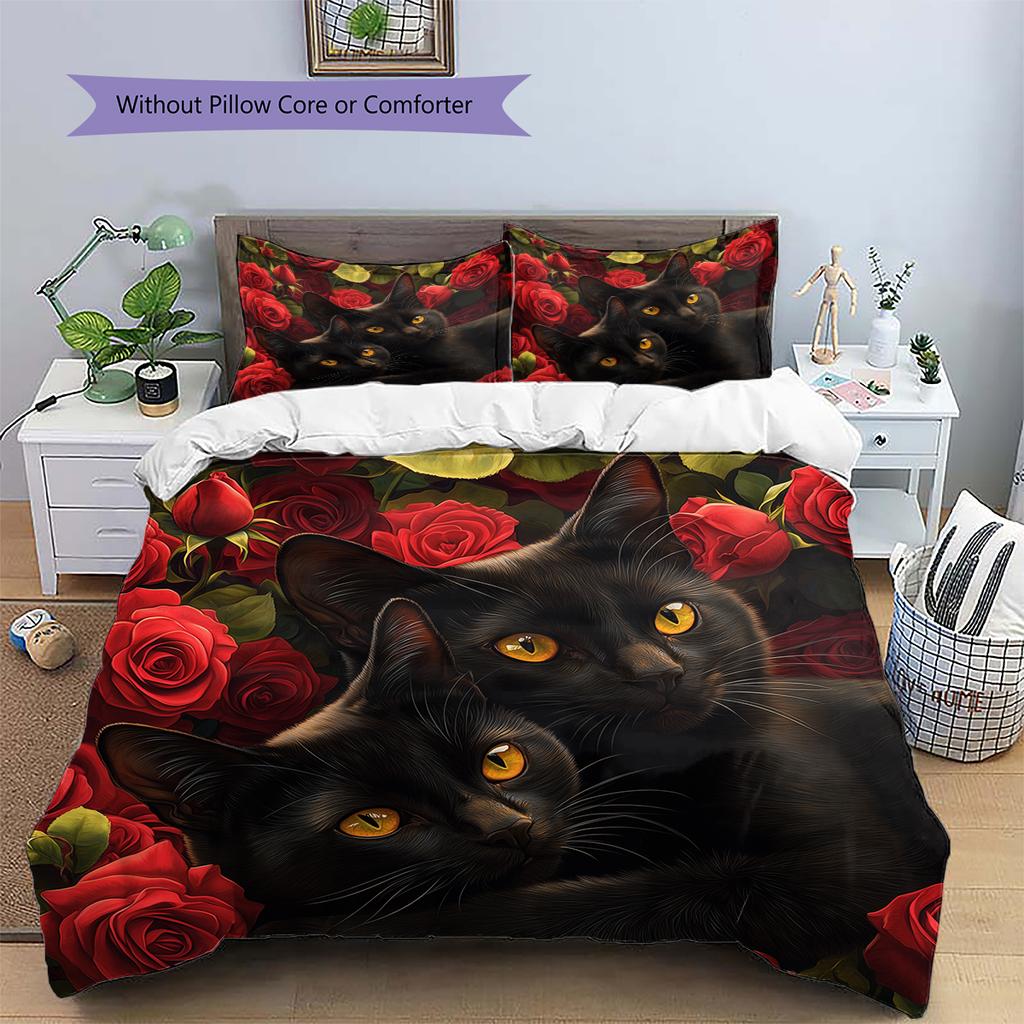 Bombay Cat and Rose Pattern Bedding Home Decoration Birthday Gift (1 * duvet cover + 2 * pillowcase, without core)