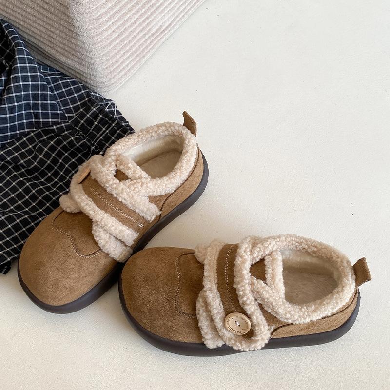 Klettverschluss bequeme Einzelschuhe Pendeln flachsohlig flauschige Schuhe Herbst und Winter modisch Retro dicksohlig flache Öffnung rutschfest Baumwollschuhe