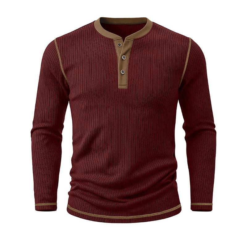 Men's Henry Neck Knit Long Sleeve T-Shirts Color Block Ribbed Casual Slim Fit Pullover Tops Autumn Winter Thermal Undershirts Men