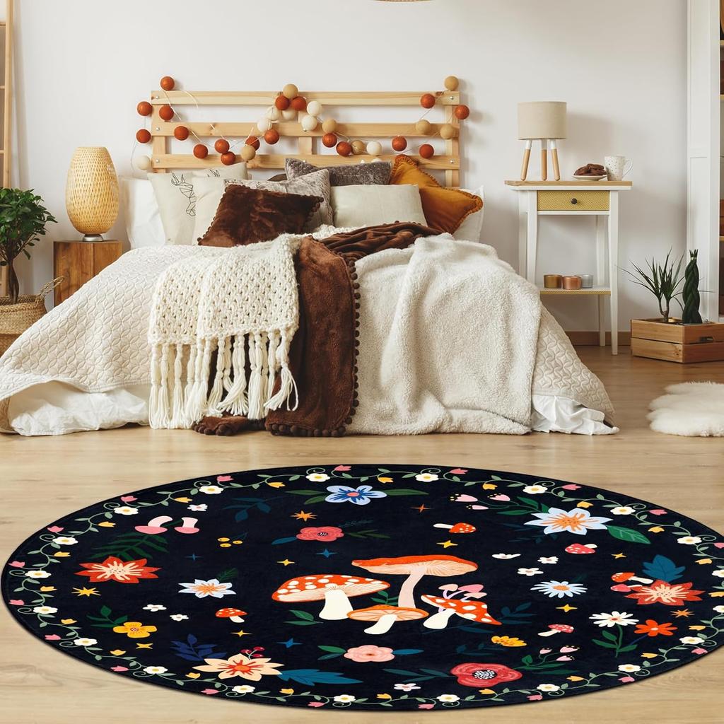 Floral Round Rug, Non-Slip Low Pile Floor Mat for Living Room or Bedroom, Kids' Room Friendly