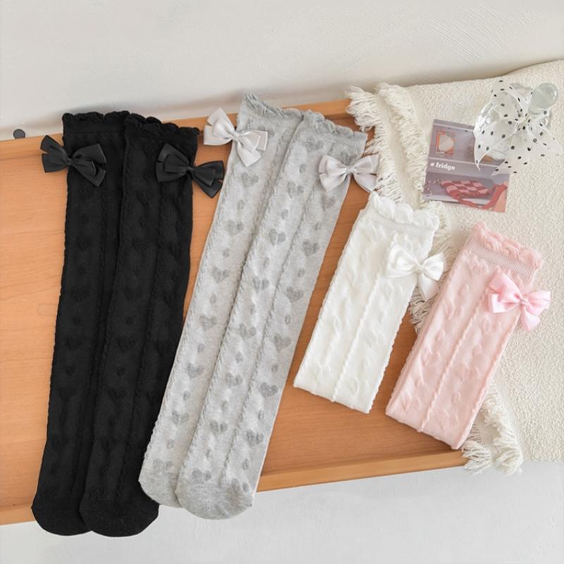 Girls Knee High Long Socks White Color Princess Love Bow Calf Socks Spring Summer Thin Mesh Breathable Kids Stockings 3-8Years
