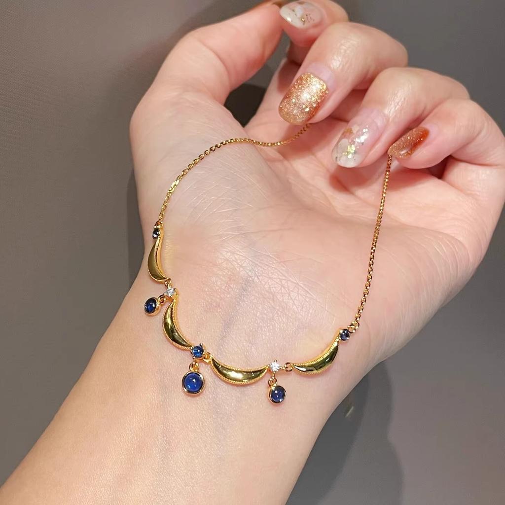 Anenjery Lace Blue Water Droplet Tassel Necklace For Women Retro Sweet High-end Personalized Versatile Collarbone Chain Jewelry Gift